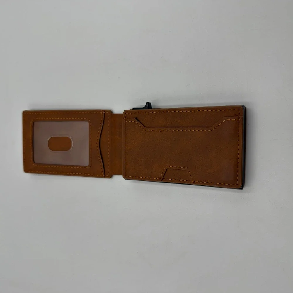 Brown Faux Leather Pop Up Credit Card Holder Minimalist Bifold Slider Wallet